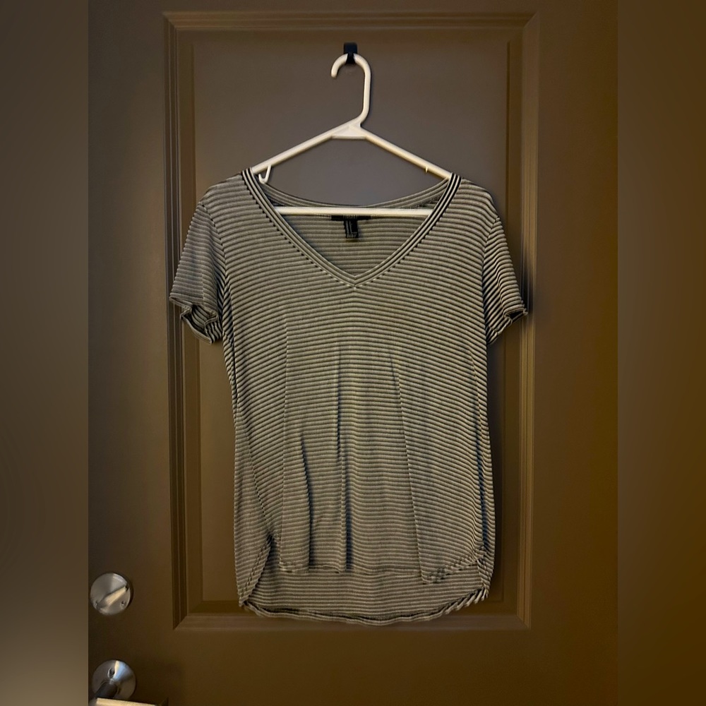 Forever 21 Black and White Striped V Neck Tee, Size S